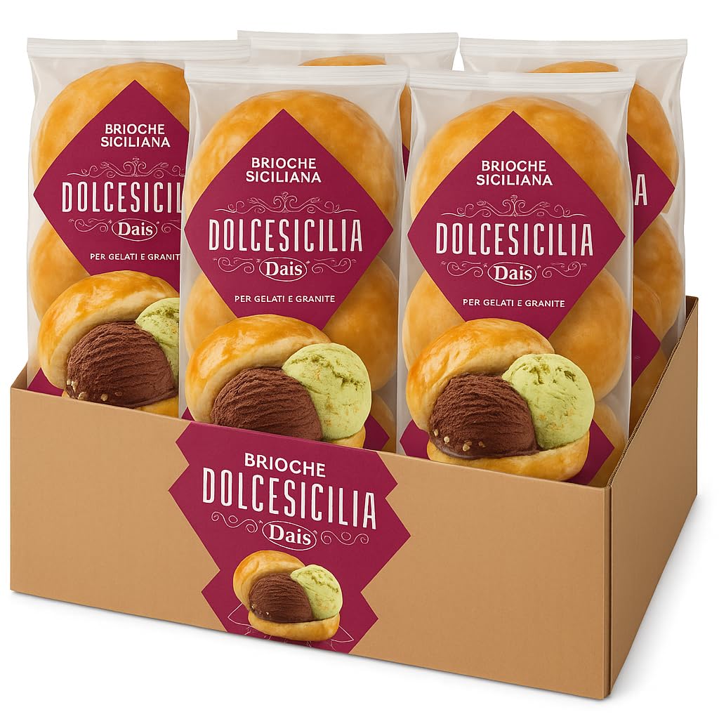6 Confezioni Brioche Siciliana 280g (4 Pezzi per Confezione) – Soffici e Profumate, Ideali per Gelato, Granite, Colazione o Merenda, Ricetta Tradizionale con “Tuppo”, Totale 24 Brioches