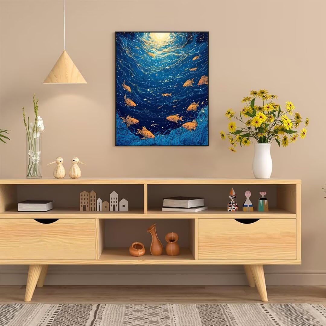 Malen Nach Zahlen Erwachsene Fischwellen Malen Nach Zahlen Bild, DIY Handgemalt Ölgemälde Kit für Anfänger und Kinder Mit 3-Pinseln und Acrylfarbe für Basteln Zuhause Mädchen Geschenk 70x50cm w-5089