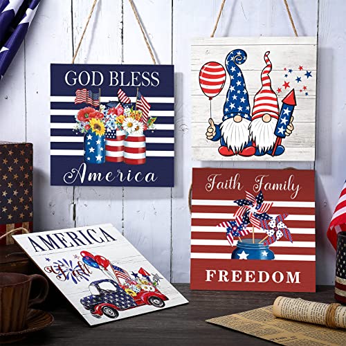 Purpeak 4 Pieces 4Th Of July Wall Hanging Decor Independence Day America Flag Stars Truck Sign Decor Wooden Farmhouse Hanging For Home Front Door Holiday Decor (Gnome Style) #TOP1