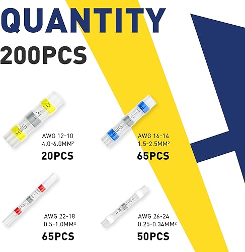 Miniatura 2 de haisstronica - 200 conectores de cable de sellado de soldadura, a tope, autosoldadura para marina, estéreo (20 amarillos, 50 blancos, 65 rojos, 65