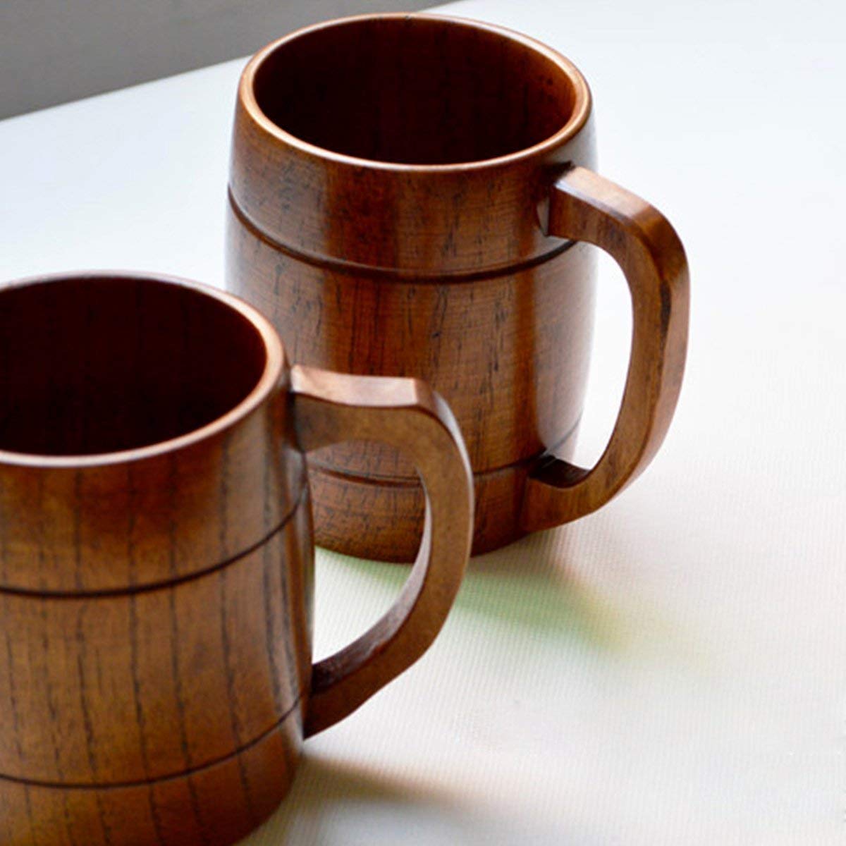 Lot de 2 tasses à bière en bois rétro avec poignée