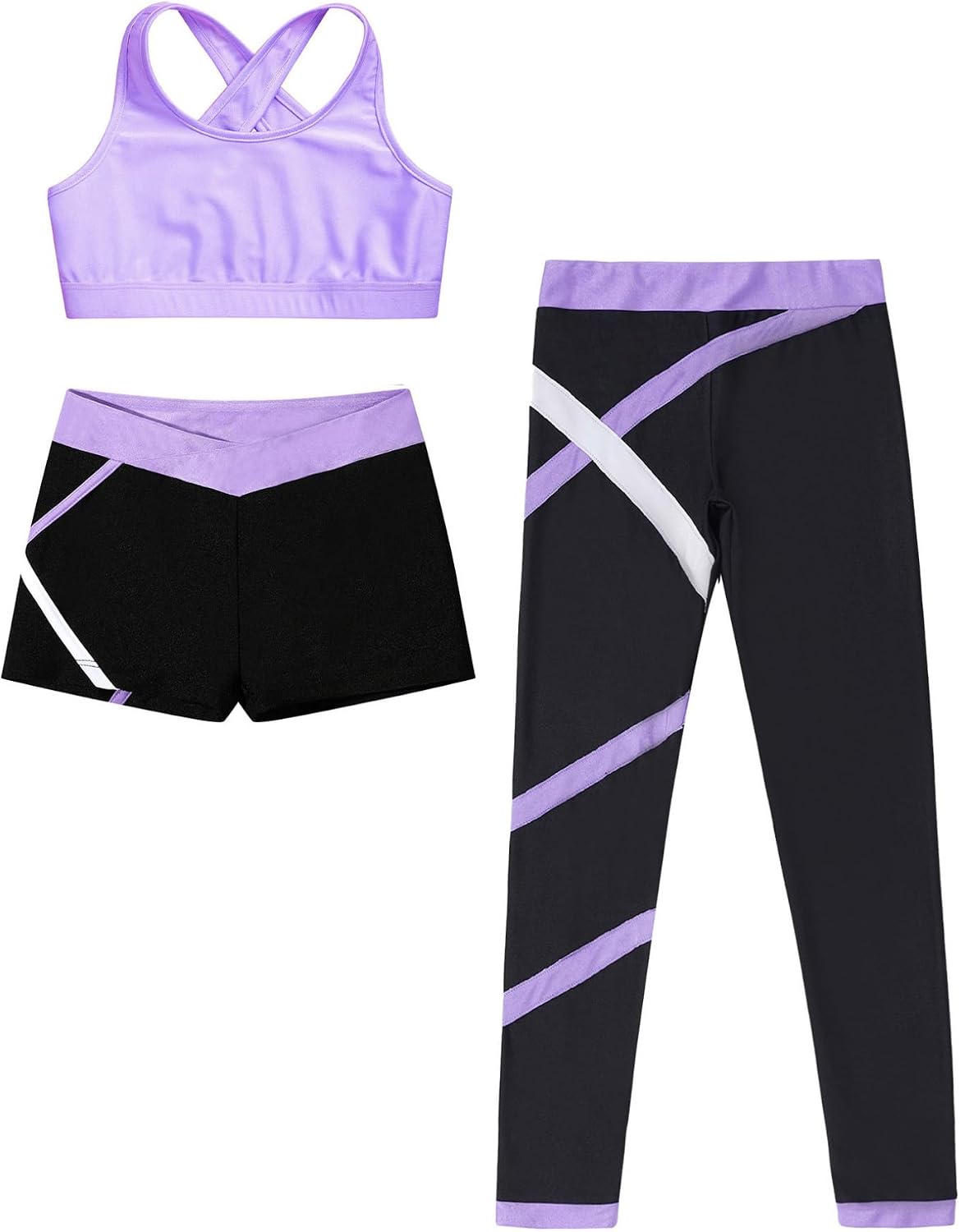 ACSUSS Children Gymnastics Training Set Sleeveless Crop Top with High Waist Shorts and Leggings Lavender 14 Years