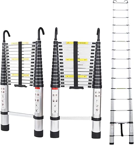 Miniatura 19 de Escalera telescópica de aluminio de 12.5 pies, escalera extensible con 2 ganchos desmontables, diseño de bloqueo de seguridad portátil y ligero
