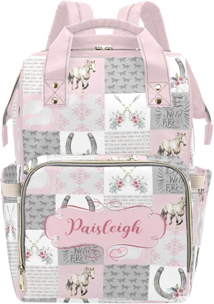 Horse Pink Personalized Diaper Bag with Custom Name – Custom Baby Tote Backpack for Mom, Unique Gift for New Parents, Baby Shower Essentials