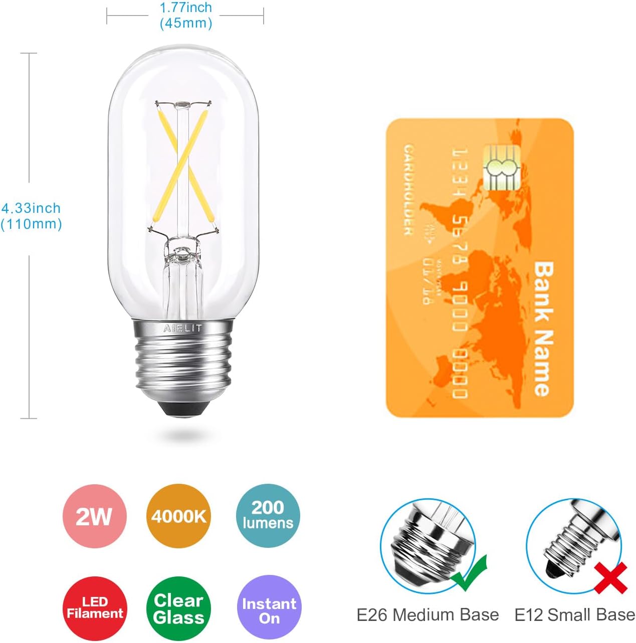 T45/T14 E26 Light Bulbs 25 Watt Equivalent, Dimmable, Clear Natural White 4000K, 2W Daylight Tube LED Bulbs for Home Mason Jars Ceiling Fan Hanging Pendant Lamp Chandelier, 6-Pack