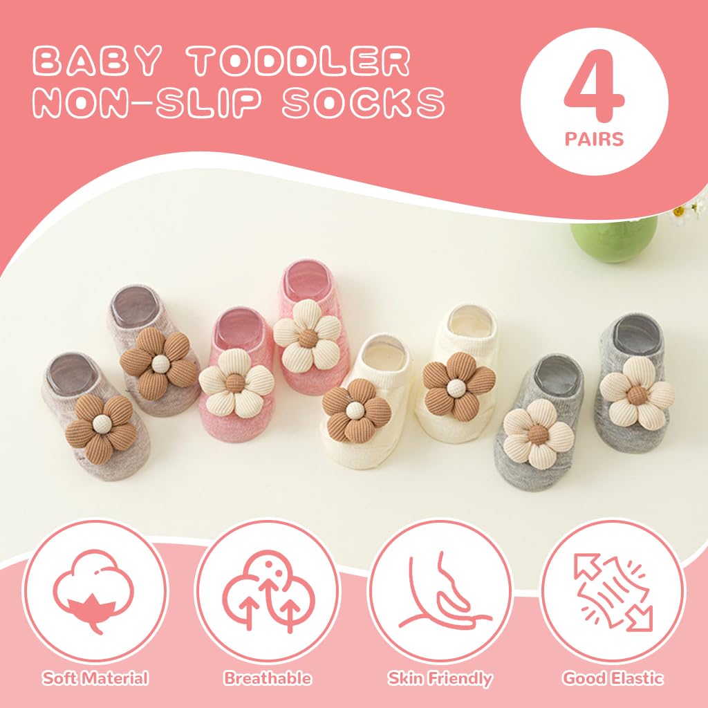 SNOWIE SOFT 4Pcs Baby Socks 0-12 Months Cotton Anti-Slip Walking Socks 2