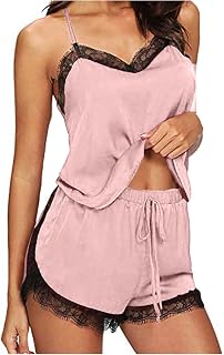 Generic Silk Pajamas for Women 2 Piece Lace Trim Cami Tops Shorts Lounge Pjs Sets Sexy Elegant Comfy Summer Ladies Loungewear
