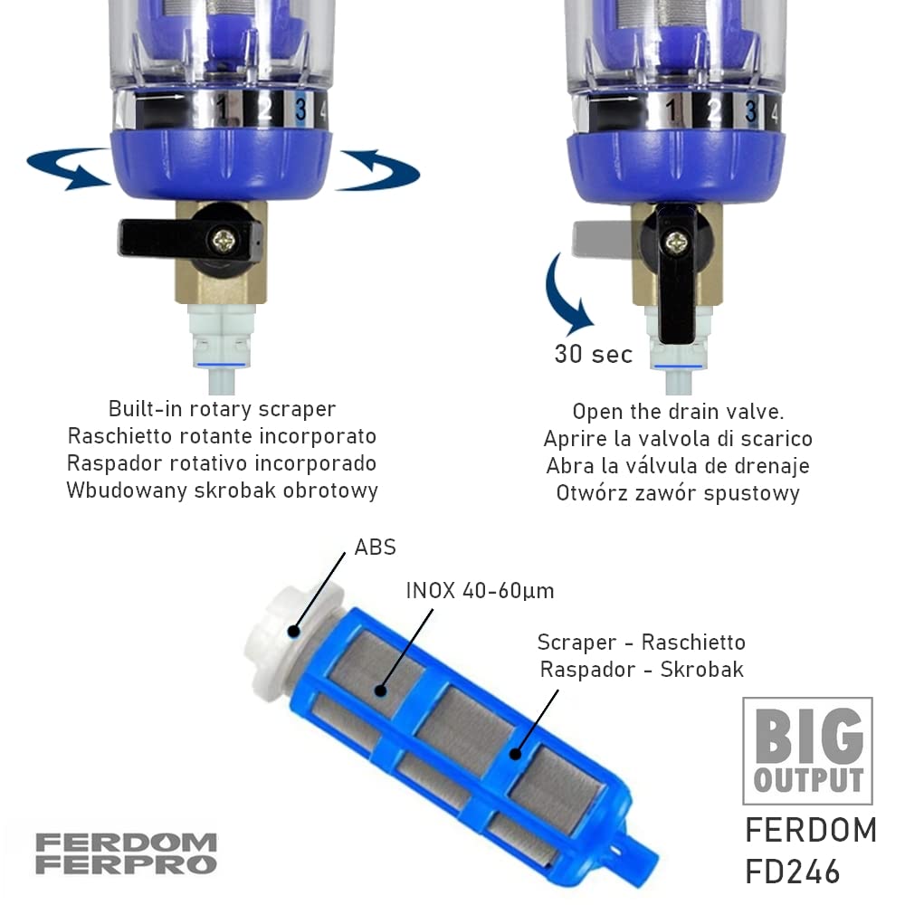 FERDOM FD246 BIG OUTPUT. Pre-Filtro, Sedimento Spin-Down. Maglia Inox 40-60 μm, 90 cm2, Riutilizzabile. Raschietto Inc. Testa In Ottone, Involucro Trasparente.