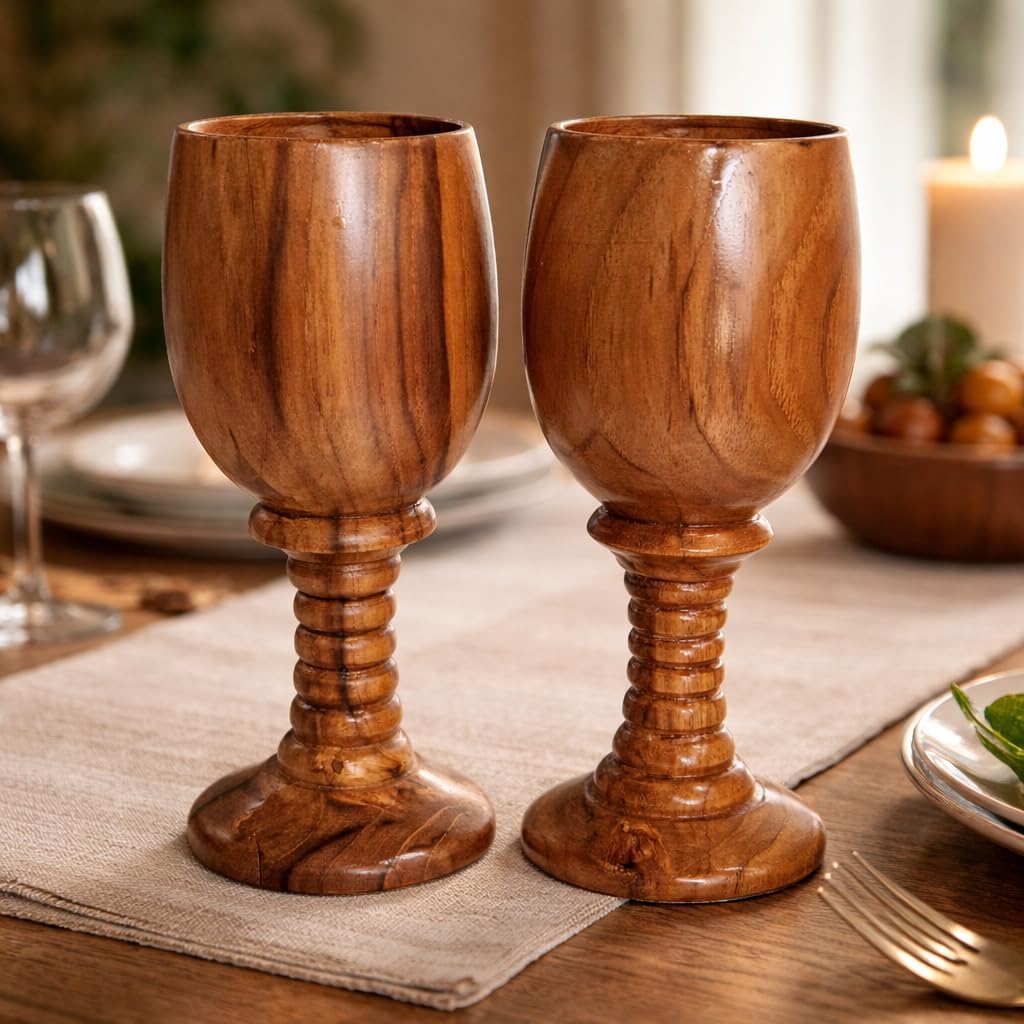 Wine Chalice Pair – Vintage Style Handmade Wooden Wine Glasses, Toasting Goblets, Drinking & Dining Cups, Perfect for Gifting Collection
