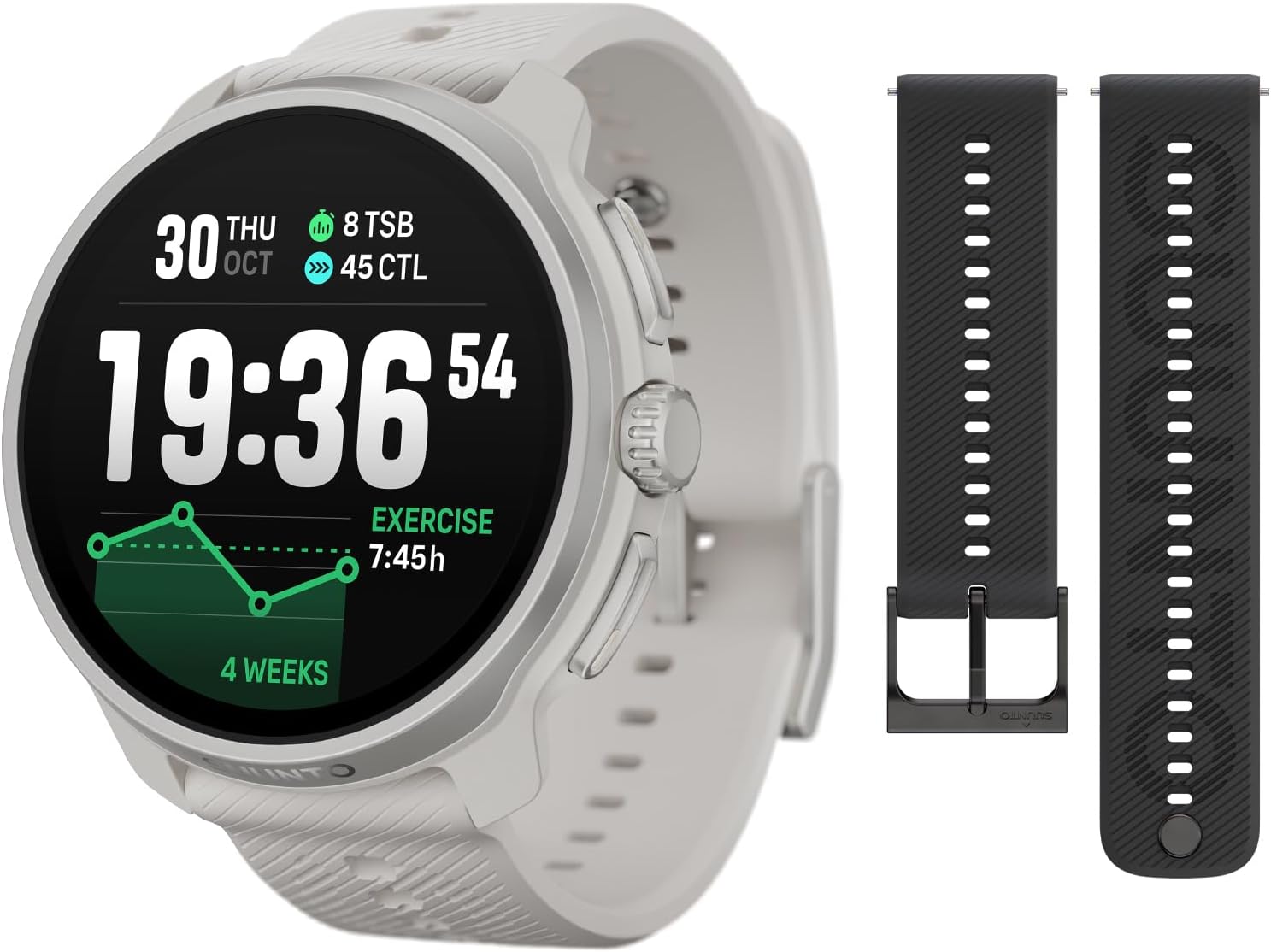 SUUNTO Race 2 GPS Sports Watch, 1.5" AMOLED Touchscreen w/Crown, Feather Grey & SUUNTO 22 ATH6 Silicone Strap All Black S+M