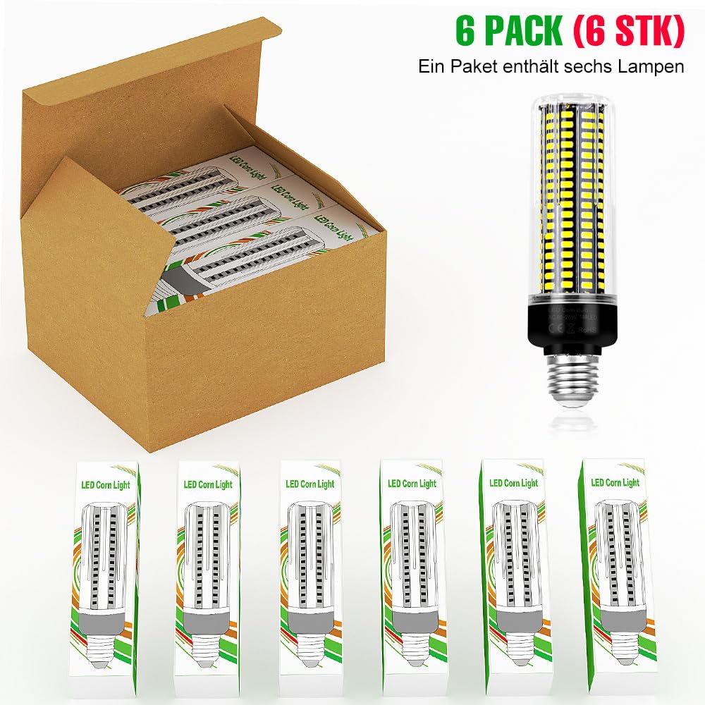WENNI 6er-Pack E27 Lampe Tatsächliche Leistung 15W 6000K Tageslichtweiß Glühbirne 220V Maiskolben 189 LEDs Mais Leuchtmittel 85-265V für Werkstatt Garage Keller LED-Beleuchtung 2 Jahre Garantie