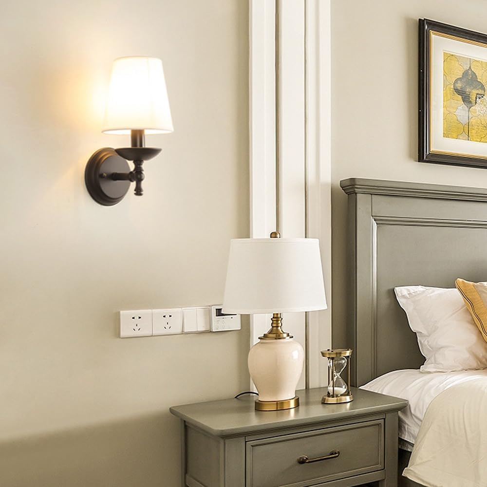 Modern Home Decoration Rustic Industrial Wall Sconces with Linen Fabric Shade Indoor Vintage Farmhouse Bathroom Wall Light Vanity Light Fixture Hardwired Bedroom Wall Lamp for Bedside Porch