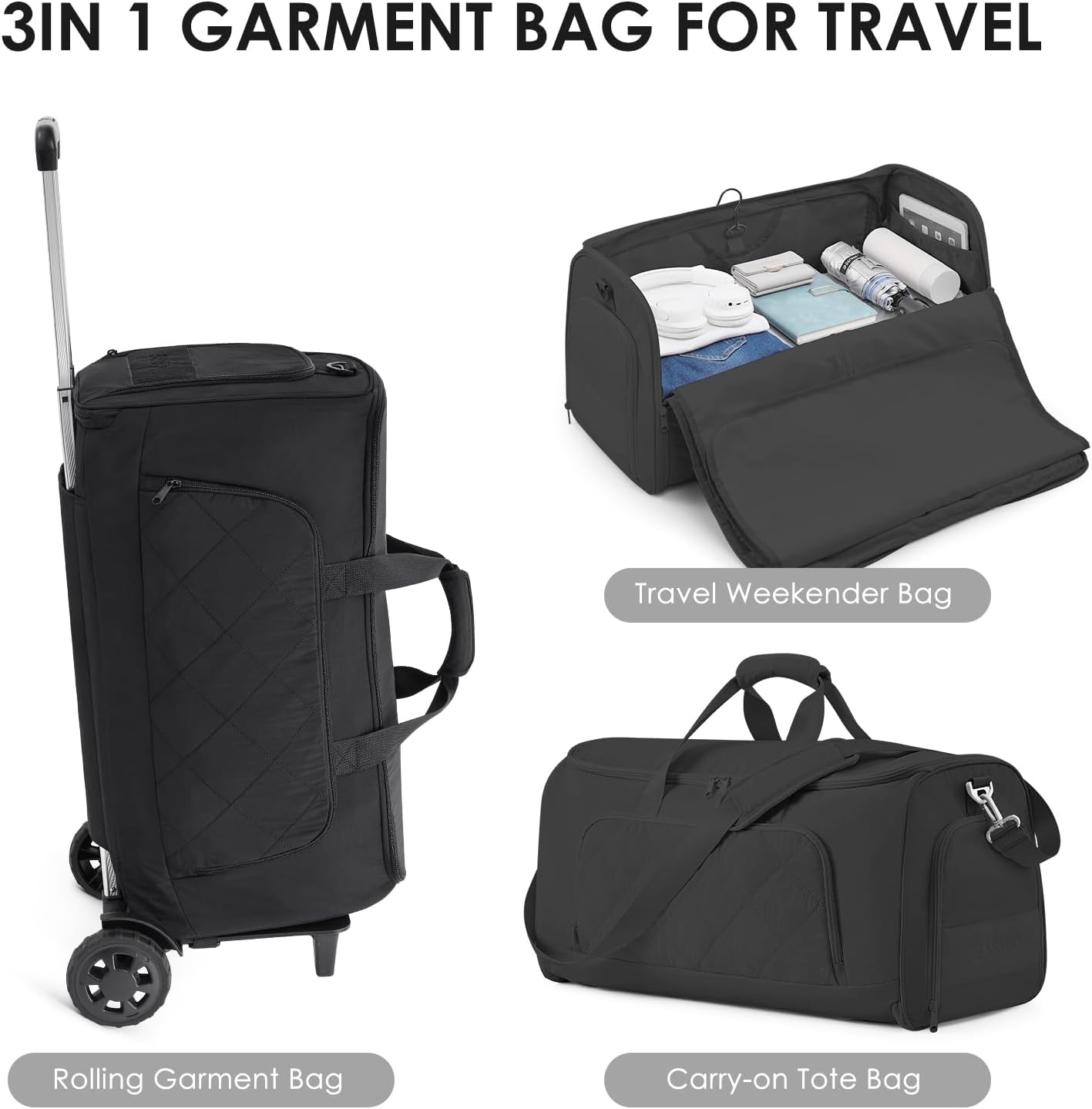 Rolling Garment Bag for Travel,Duffle Garment Bag with Wheels and Shoe Compartment for Men and Women,3 in 1 Suit Dress Bags with Wheels(Black) - Image 6