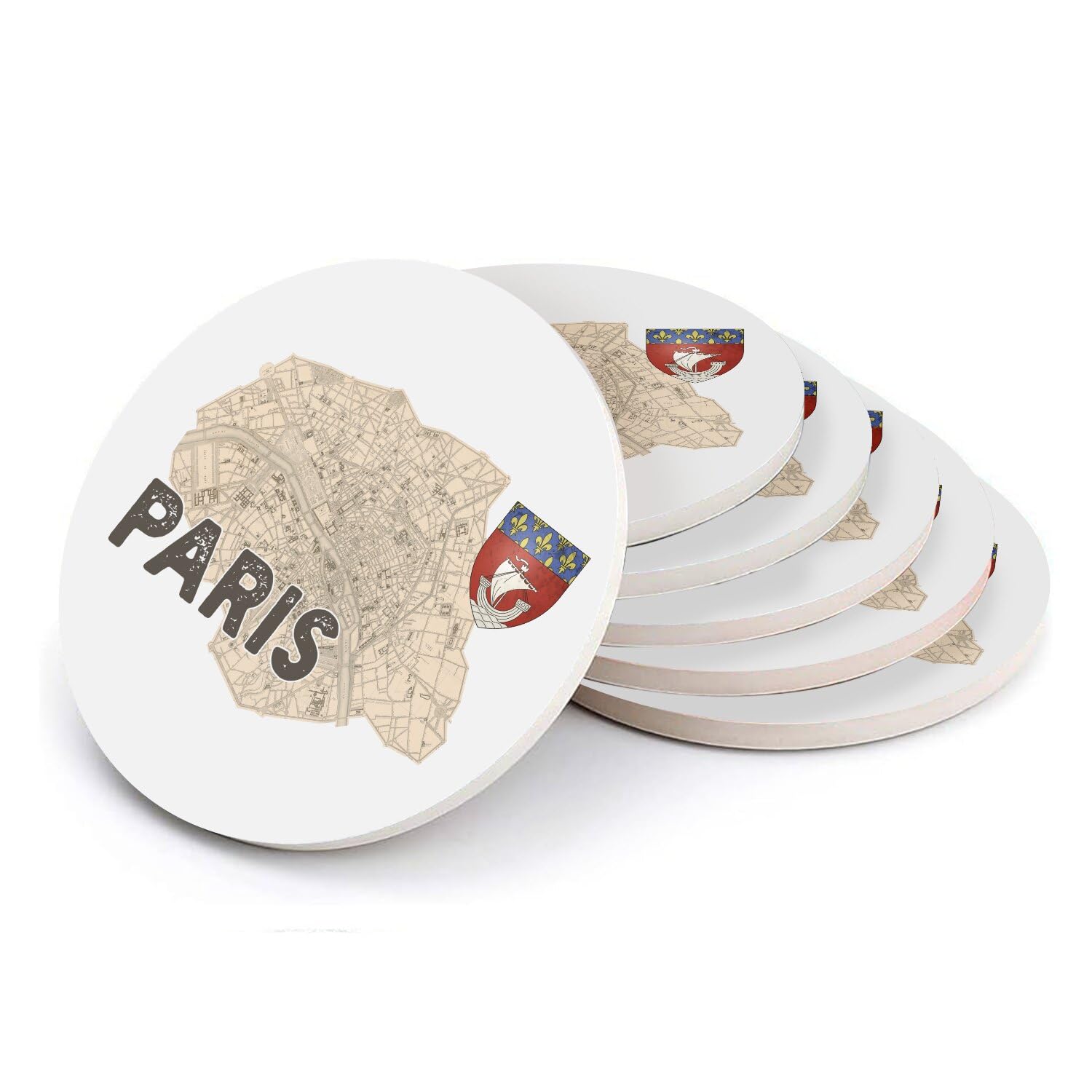 Sous-verres ronds en céramique Paris 75 carte ancienne d'Île-de-France en lot de 6