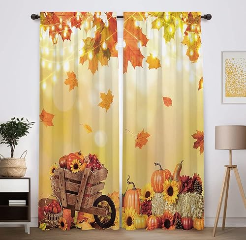 Funnytree Cortina de otoño para ventana, calabazas de otoño, hojas de arce de Acción de Gracias, cosecha, decoración de casa de campo, bolsillo para