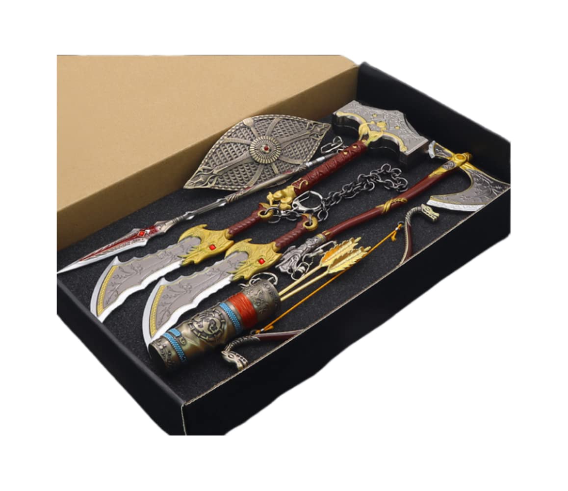 God of War Chaos Blade Thunder Hammer Axt Waffenmodell Schlüsselanhänger mit Präsentationsständer für Anime-Fans