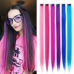 KGBFASS 24 Packs Colored Clip in Hair Extensions 20\'\' Colorful Straight Hair Extensions Clip in for Kids Multi-Colors Party Highlights Hairpieces(Pink,Purple,Blue)