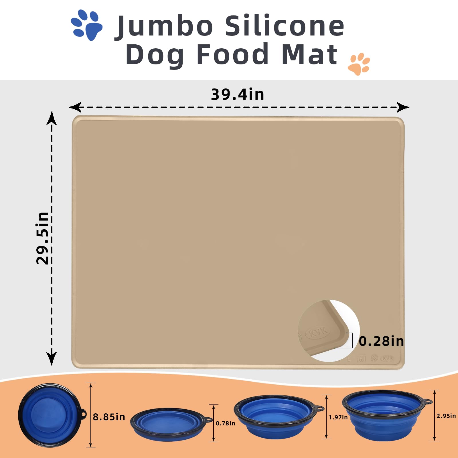 Hundefuttermatte für Futter und Wasser, wasserdichte Silikon-Haustier-Futtermatte für Böden mit zusammenklappbarem Katzen- und Hundenapf für Reisen, extra groß, 100 x 75 cm, Khaki