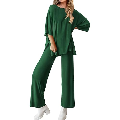 BTFBM Women 2 Piece Outfits Casual Loose Slit Short Sleeve Top Wide Leg Pants Matching Lounge Sets Tracksuit With Pocket