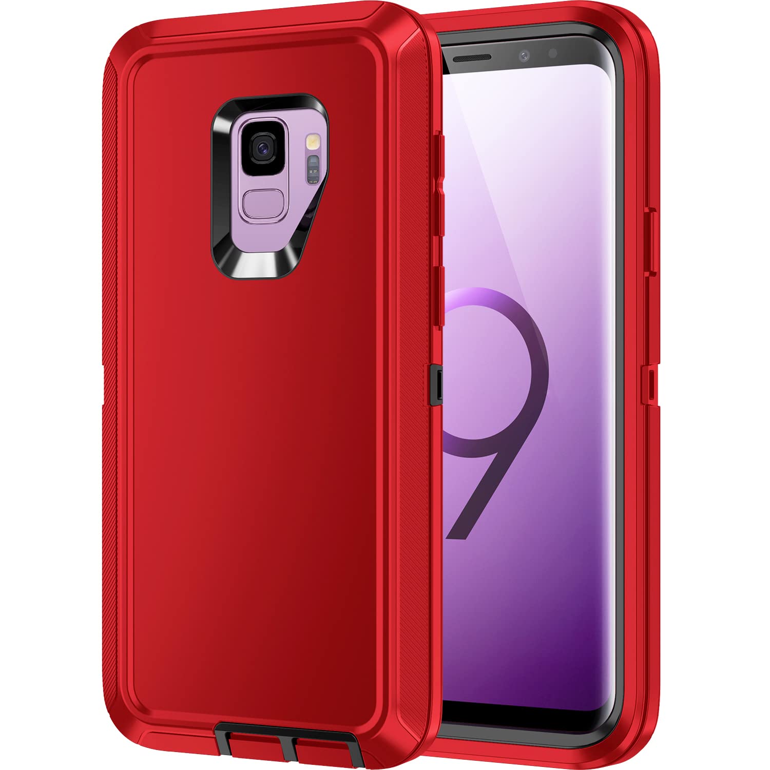 Mieziba for Galaxy S9 Case, Heavy Duty Shockproof Dust/Drop Proof 3 Layer Full Body Protection Rugged Cover Case for Galaxy S9, Red/Black
