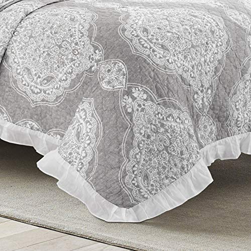 Colcha de algodón Lush Decor gris de 3 piezas para cama matrimonial y queen 3
