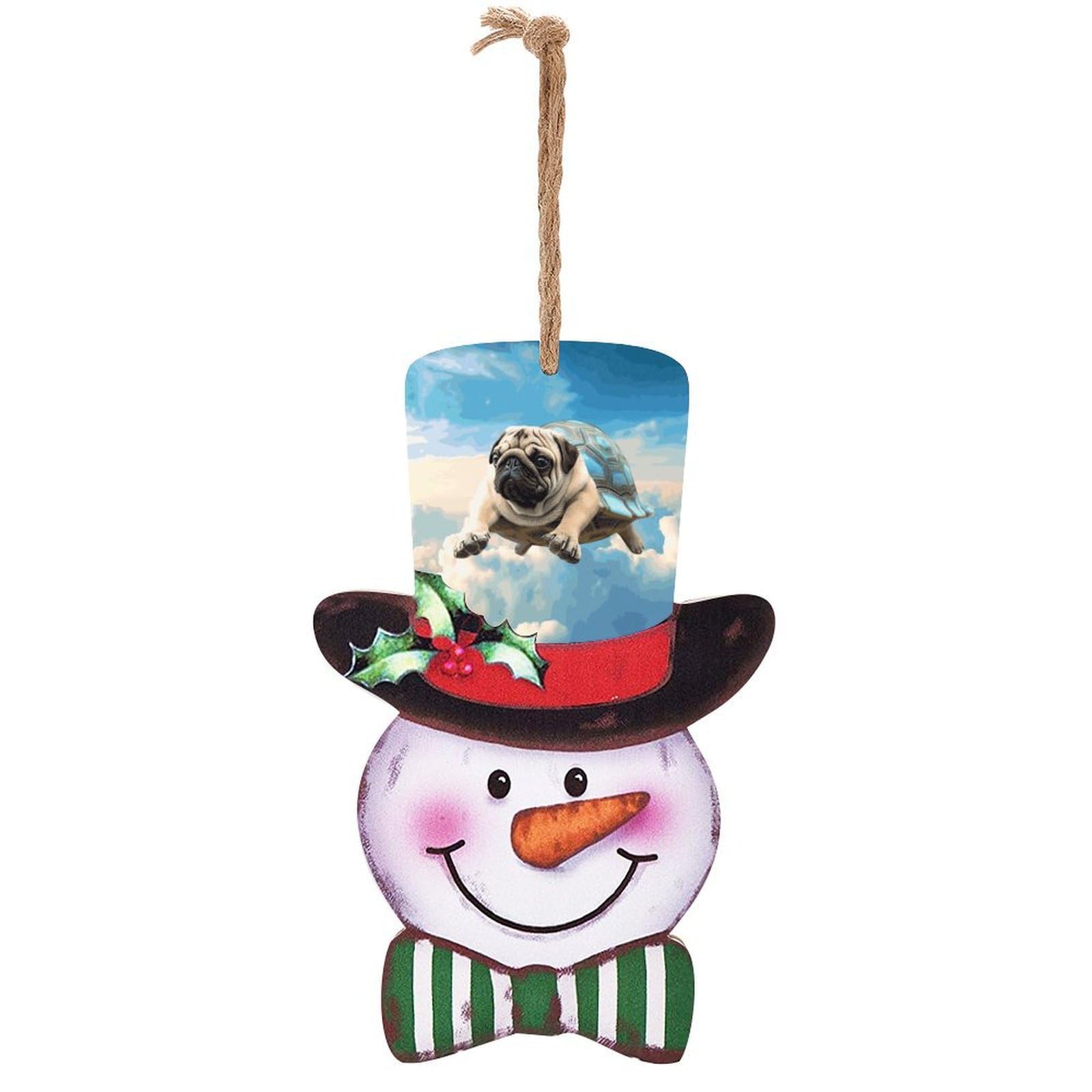 Funny Turtle Pug Dog in The Sky Snowman Decor Christmas Snowmans Hanging Decors Wooden Exquisite Holiday Decoration Sign for Home Window Wall Farmhouse Indoor Outdoo