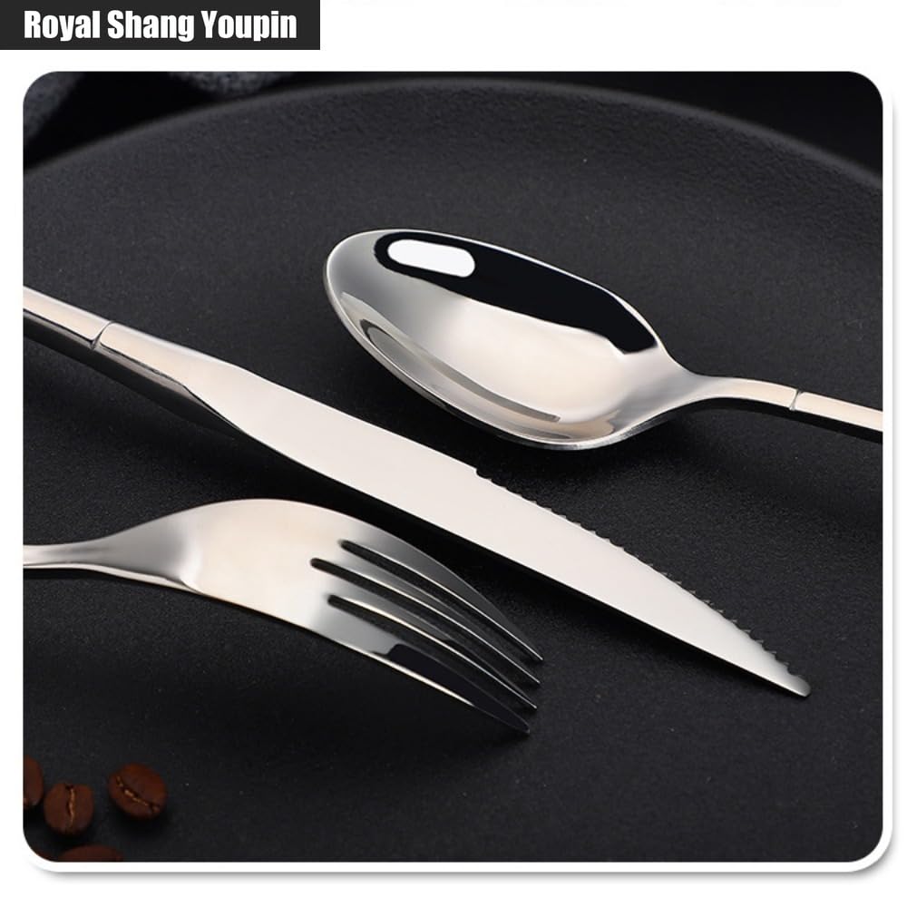 Manico Raffinato Cucina Acciaio Inossidabile Posate Stoviglie Posate Coltelli Forchette Cucchiai Set Coltello Da Bistecca Per La Casa Cucchiaio Da Dessert (Argento rosso,16 pezzi)