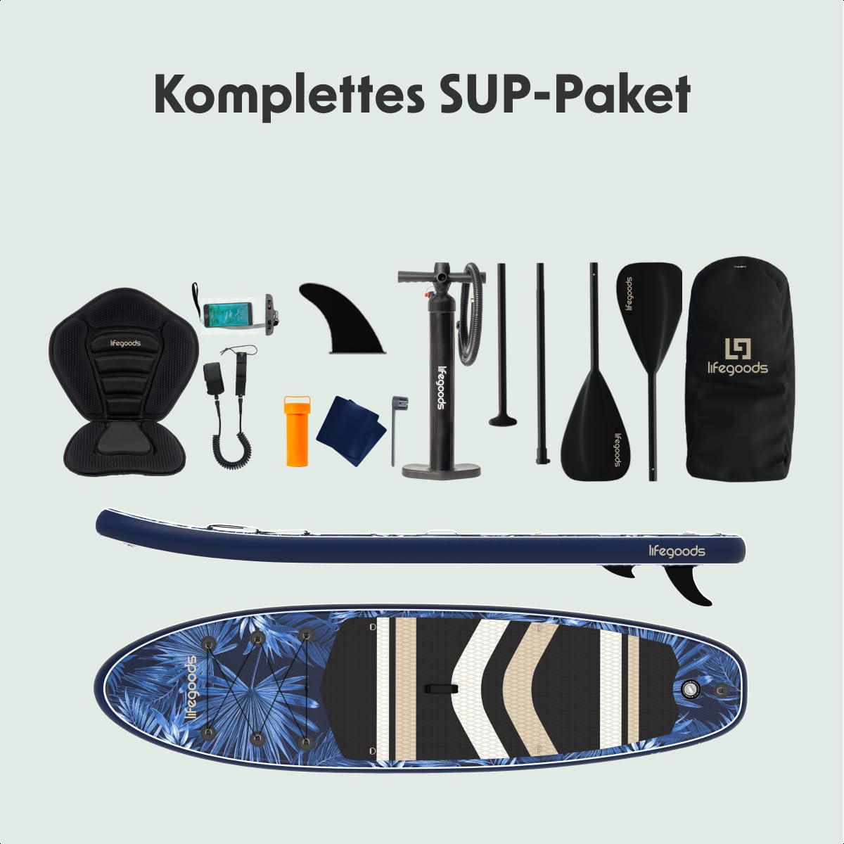 LifeGoods SUP Board Set - Aufblasbare Stand Up Paddling Board - Komplettes Set inklusive Zubehör und Verstellbares Padel - Geeignet für Anfänger und Fortgeschrittene - Bis 150KG - 320x81cm