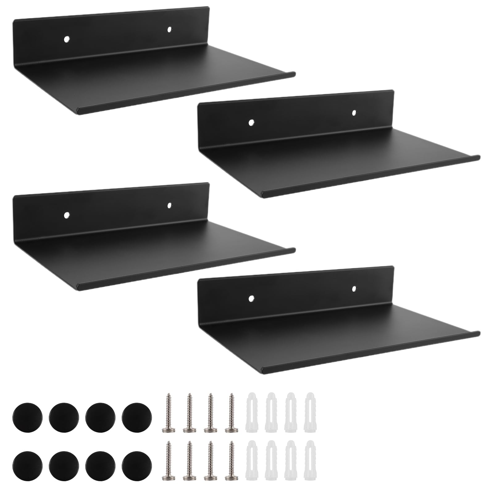 FWEEK 4 unidades de estantes flotantes negros, 20 cm, estantería de pared de metal negro, estantería de metal negro para pared, con agujero y tornillos para almacenamiento y decoración