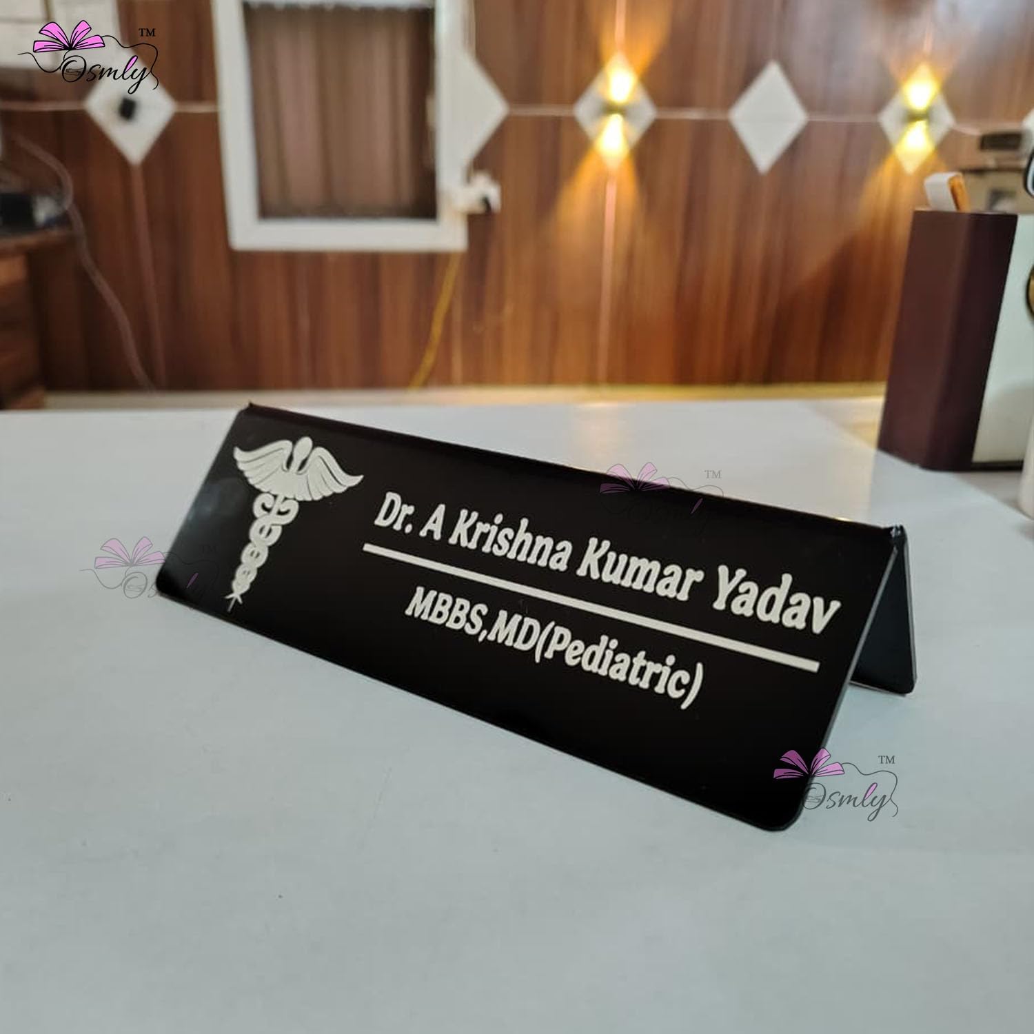 Acrylic Laser Engraved Table Sign Stand, Laser Engraved Sign or Name Plate for Doctor, Teacher, Advocate, Medical, Proprotor office or personal use with Warm White Light (Black Bend Name Plate)-image-22