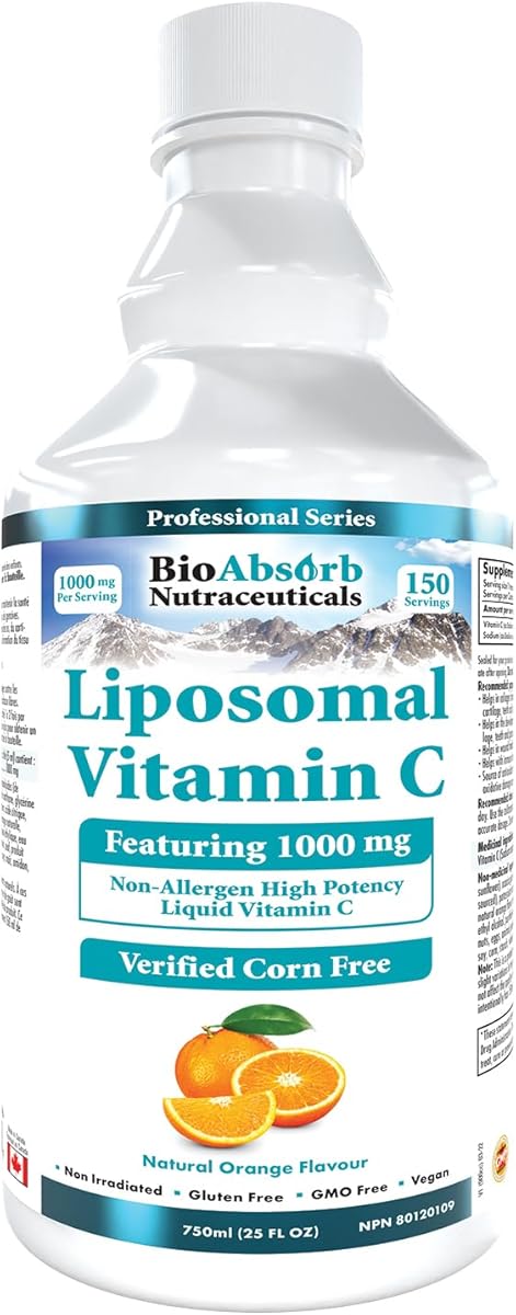 Bio Absorb Nutraceuticals Liposomal Vitamin C 1000mg. 150 Servings of Corn-Free Liquid Vitamin C. Non GMO. Soy-Free. Vegan. Natural Orange Flavour (750ml)