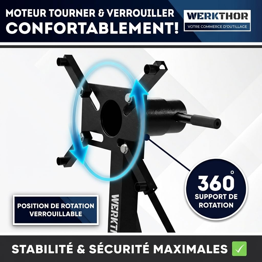 WERKTHOR Support Moteur Atelier 900kg | Support Moteur Rotatif 360° Extra Lourd | Support Moteur Professionnel Acier pour V8 Diesel Utilitaire