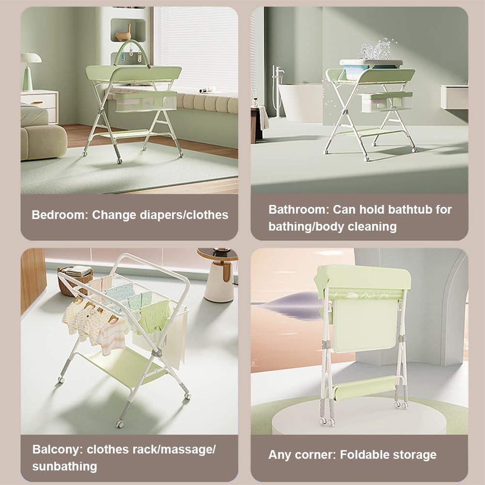 Aptliton Table à Langer Bébé Multifonction, Pliable Et Portable pour Change, Massage Et Bain, avec roulettes Silencieuses, Panier De Rangement, Tringle à Linge Et Étagère, 103x60x80cm, Gris/Vert