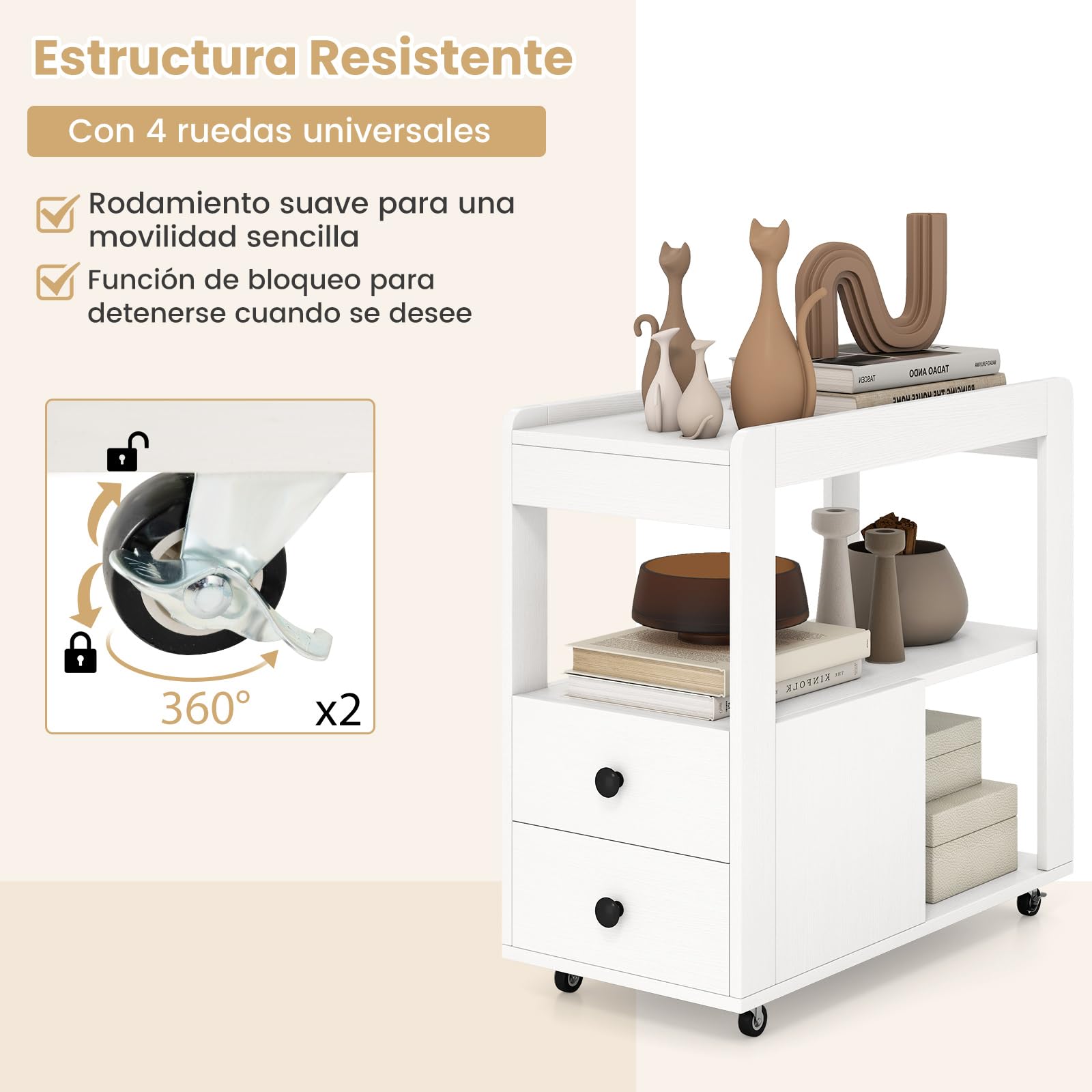 COSTWAY Mesa Auxiliar Estrecha con 2 Cajones y Estantes Abiertos, Mesa Lateral con Ruedas Universales Bloqueables, Mesilla de Noche Salon Sofa Dormitorio, 65 x 30 x 62 cm (Blanco)