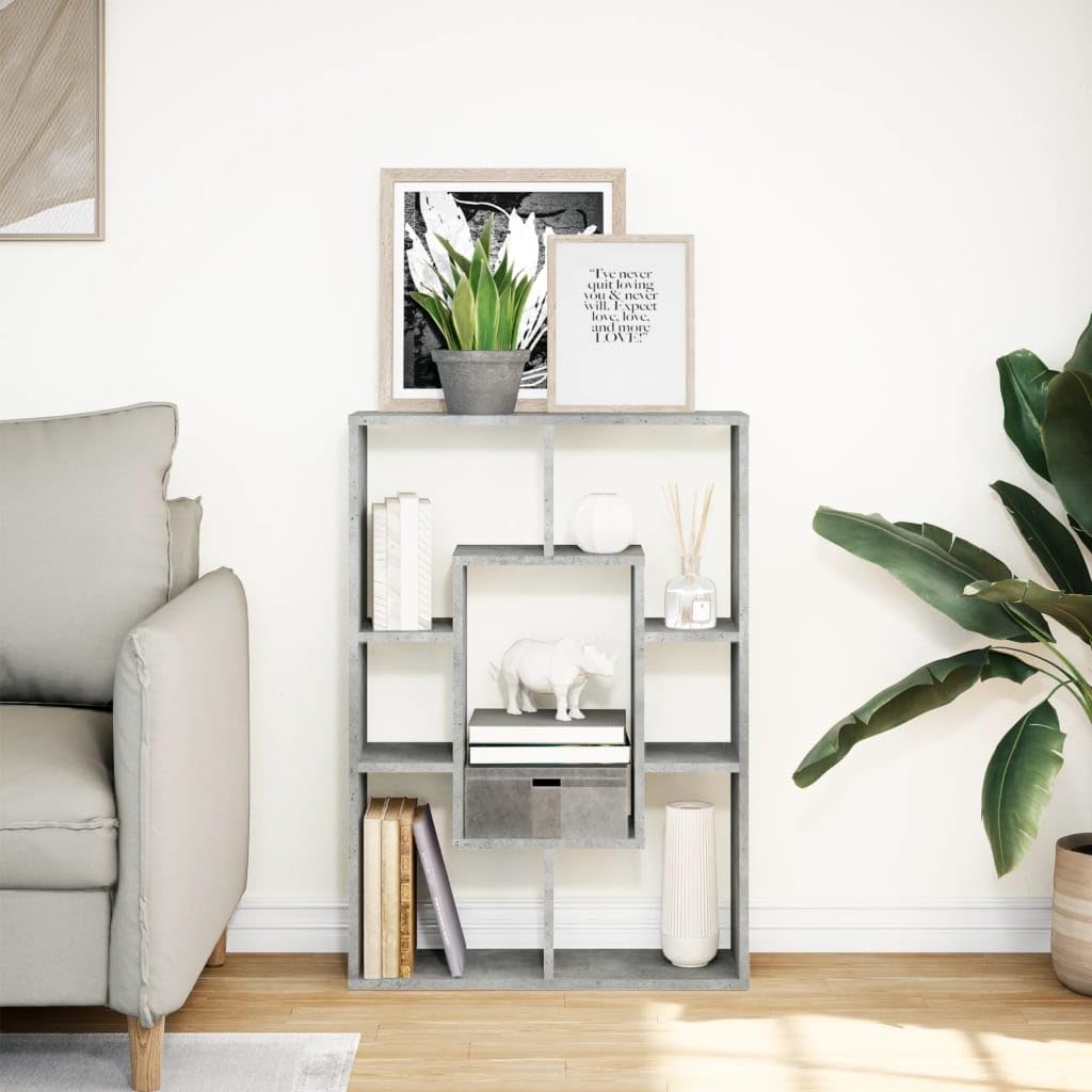 Libreria grigio cemento, 63 x 20 x 90 cm, in legno con 7 scomparti, scaffale e divisorio per soggiorno, ufficio, cameretta dei bambini, sistema di scaffali salvaspazio con spazio e funzione di
