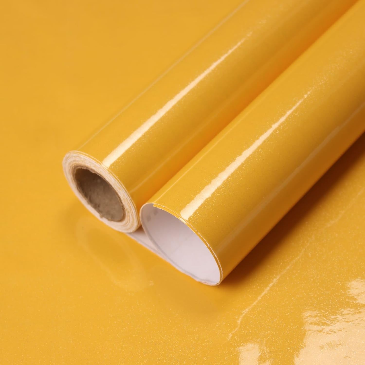 WADILE Peel and Stick Wallpaper, Shiny Contact Paper Solid Color Waterproof, Vinyl Colored Wall Paper Self Adhesive, Glossy Wallpaper Removable for Cabinets (Yellow, 23.6in * 236.2in)