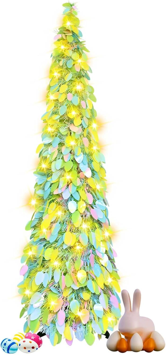 Easter Artificial Christmas Tree with 50 Color Lights, Pop Up Collapsible Tinsel Tree with Christmas Balls Decorations for Home Fireplace Party Indoor Outdoor (Colorful-Egg)