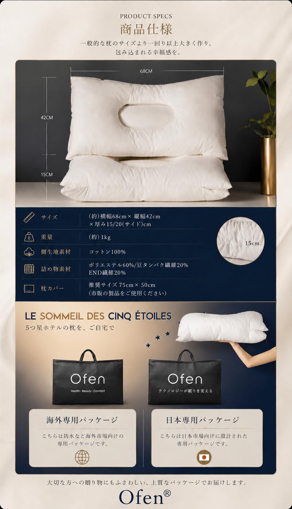 Amazon｜Ofen 枕 まくら 安眠枕 高級ホテル仕様 ふわふわ 高反発枕