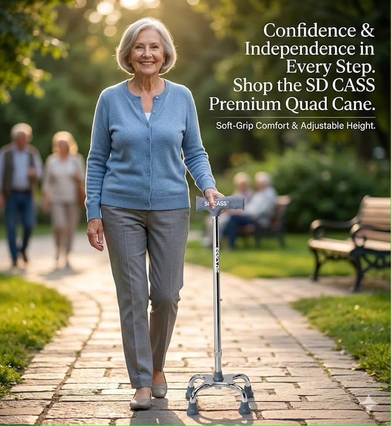 Image of Quadripod Adjustable Walking Stick with Adjustable Height | Non-Slip Grip Handle for Men & Women Patients, Old People | Lightweight Durable Aluminium Frame Pack of 1