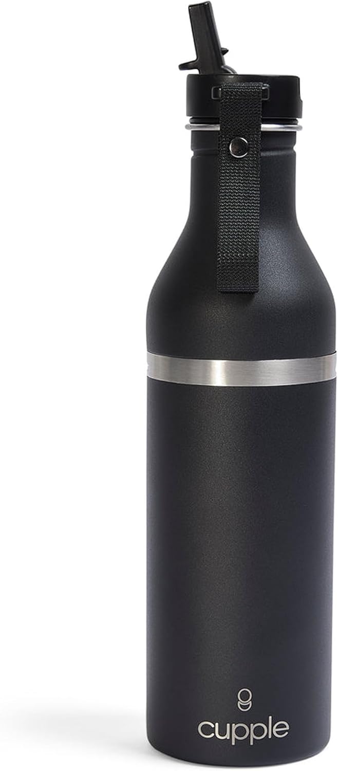 Bottle + Cup, 2-in-1 Leak Proof & Stainless Steel, 18 oz Bottle + 12 oz Insulated Cup for Hot or Cold Drinks, BPA-Free, Fits Most Cup Holders (Black Pepper)