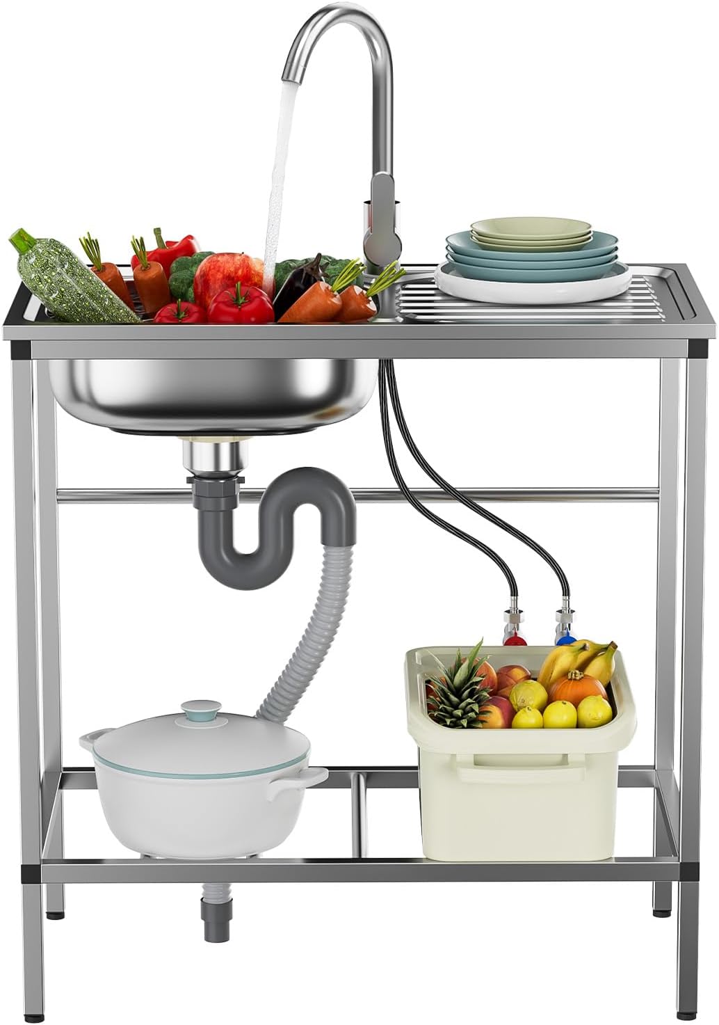 Outdoor Utility Sink, Freestanding Kitchen Sink Set, Stainless Steel Single Bowl Sink, Portable Commercial Utility with Table&Storage Shelves for Garage, Restaurant, Kitchen,Camping, Backyard