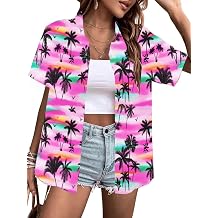 FAYALEQ Womens Summer Hawaiian Shirts Soft Cool Floral Tropical Print T-Shirt Button Down V Neck Short Sleeve Tee Tops Light Pink