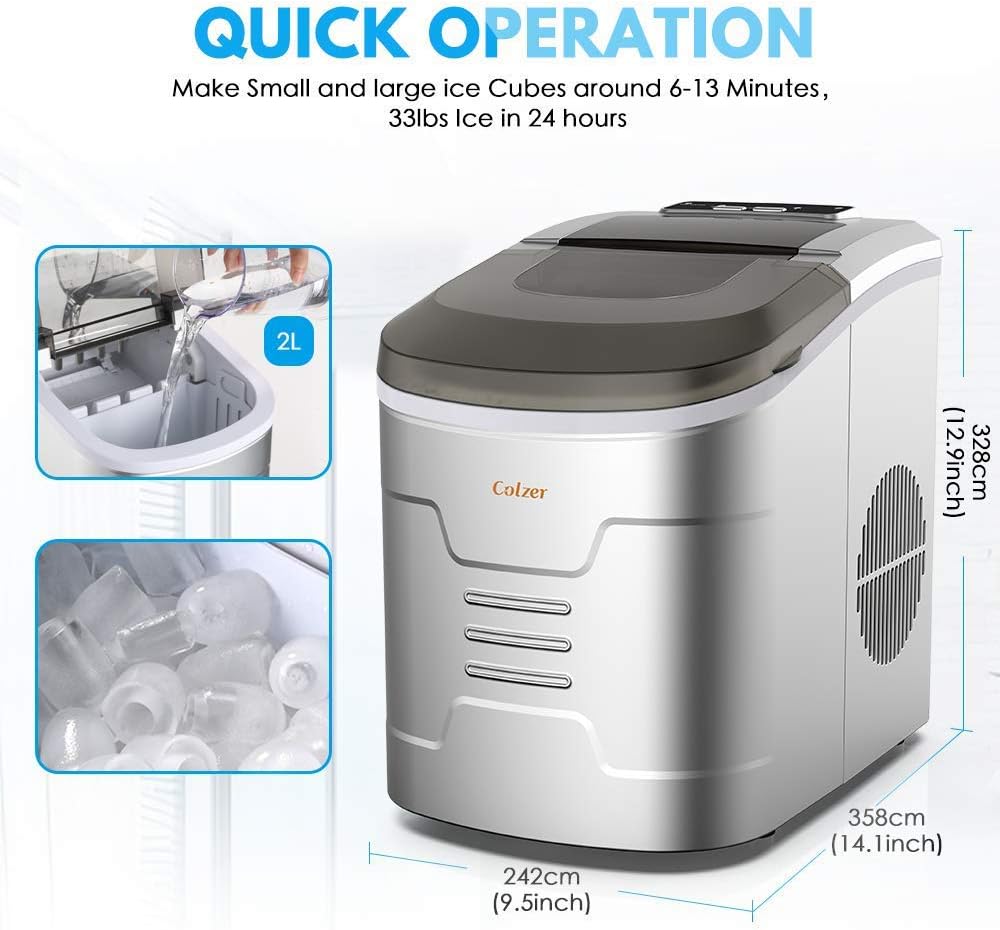 Colzer Portable Electronic Ice Maker Machine, Countertop Ice Maker,Make 9 Ice Cubes within 6-13 Minutes,33lbs Ice in 24 hours,Water Tank and Ice Scoop, Home,Kitchen,Bar,KTV (silver)