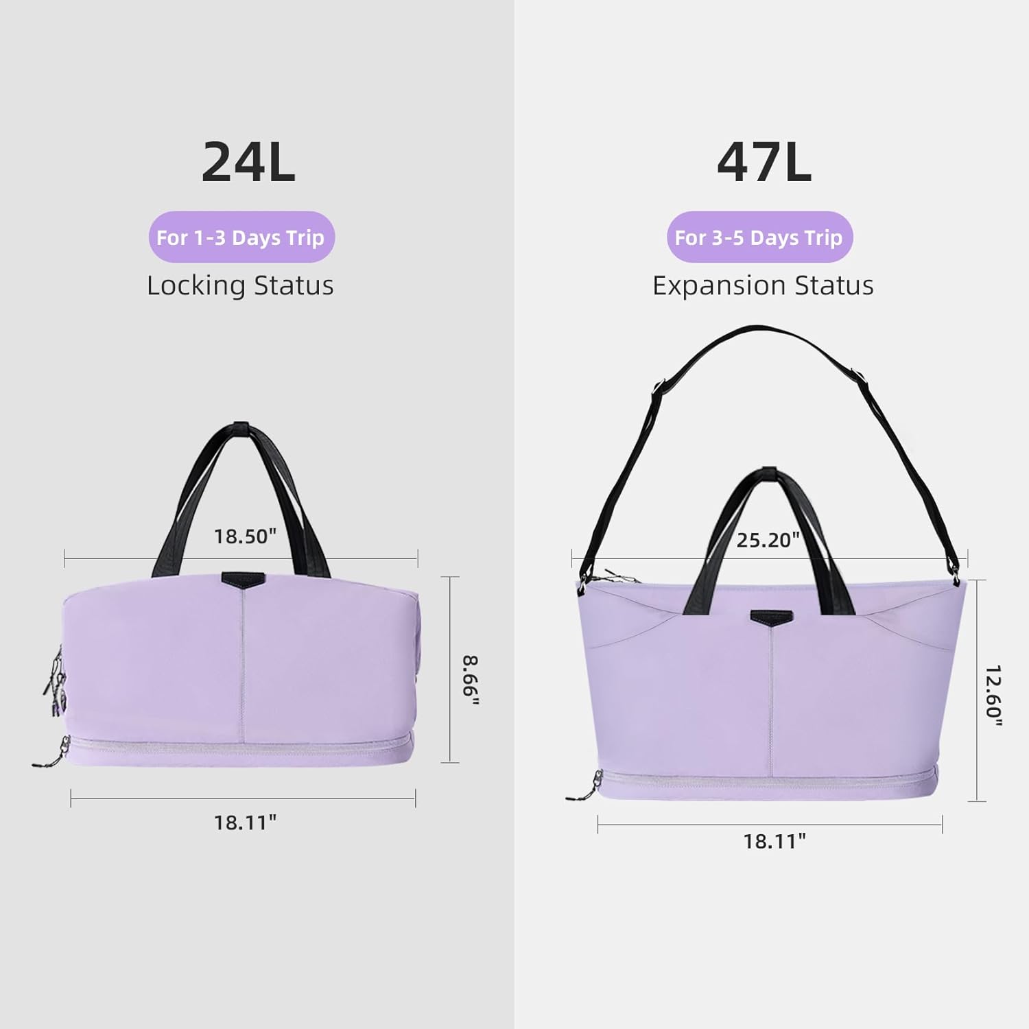 Timeet Expandable Gym Duffel Bag For Women with Yoga Mat Strap, 47L Sports Duffle Bag With Shoes Compartment&Dry Wet Pocket, Water Resistant Carry on Sports Weekend Travel Overnight Bag, Dreamy Purple