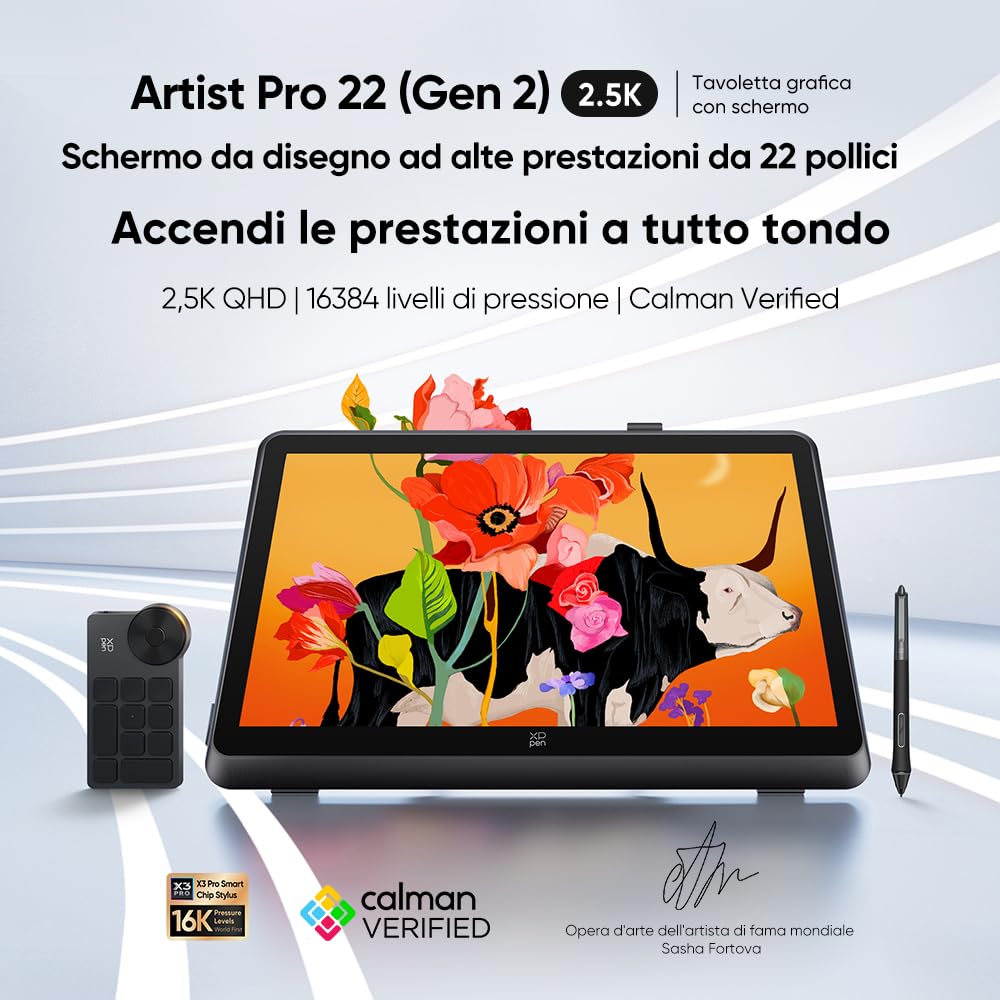 XPPen Artist 22 Pro (Gen 2) Tablet grafico QHD 2.5K, schermo da disegno 21,5 pollici Adobe RGB 99% sensibilità penna 16K