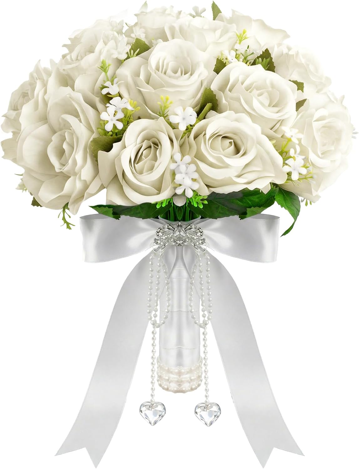 Wowagoga 12 Inch Wedding Bouquet with Pearl Crystals Ribbons,Artificial Rose Flower for Bride Bridesmaids Artificial Fake Flowers Fake Flowers Toss Bouquet for Wedding Party Church(White)