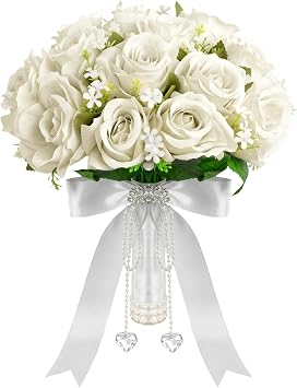 Wowagoga 12 Inch Wedding Bouquet with Pearl Crystals Ribbons
