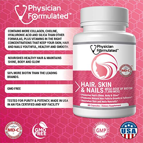 Physician Formulated Healthy Hair Skin And Nails Vitamins For Men And Women - 7500 Mcg Biotin, Amino Acids, Collagen And Hyaluronic Acid - 60 Capsules #TOP4