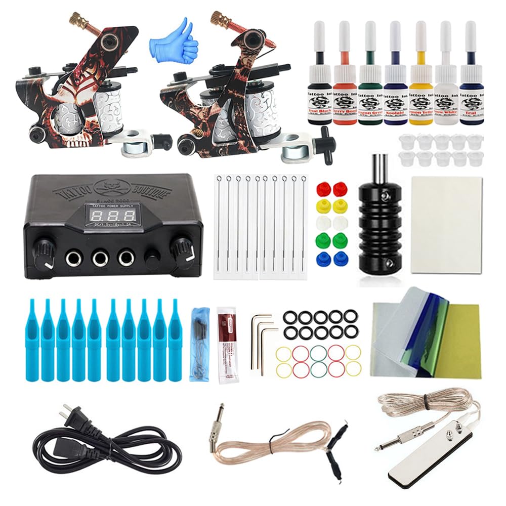 Complete Tattoo Kit for Beginners 2 Tattoo Machine Tattoo Power Supply Kit 7 Tattoo Inks 10 Tattoo Needles and various Tattoo Supplies