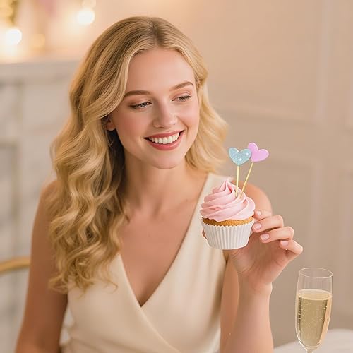 Miniatura 3 de GUCUJI Decoración para cupcakes, púas de cóctel, divertido corazón rosa con purpurina, 50 piezas